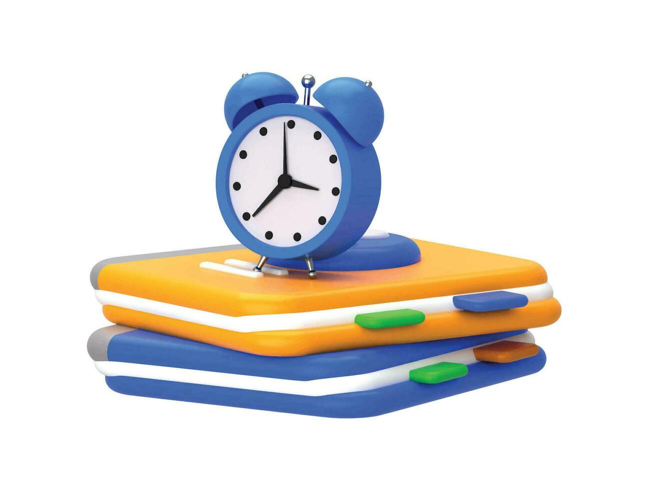 A blue alarm clock sits on a stack of books on a blue background vector