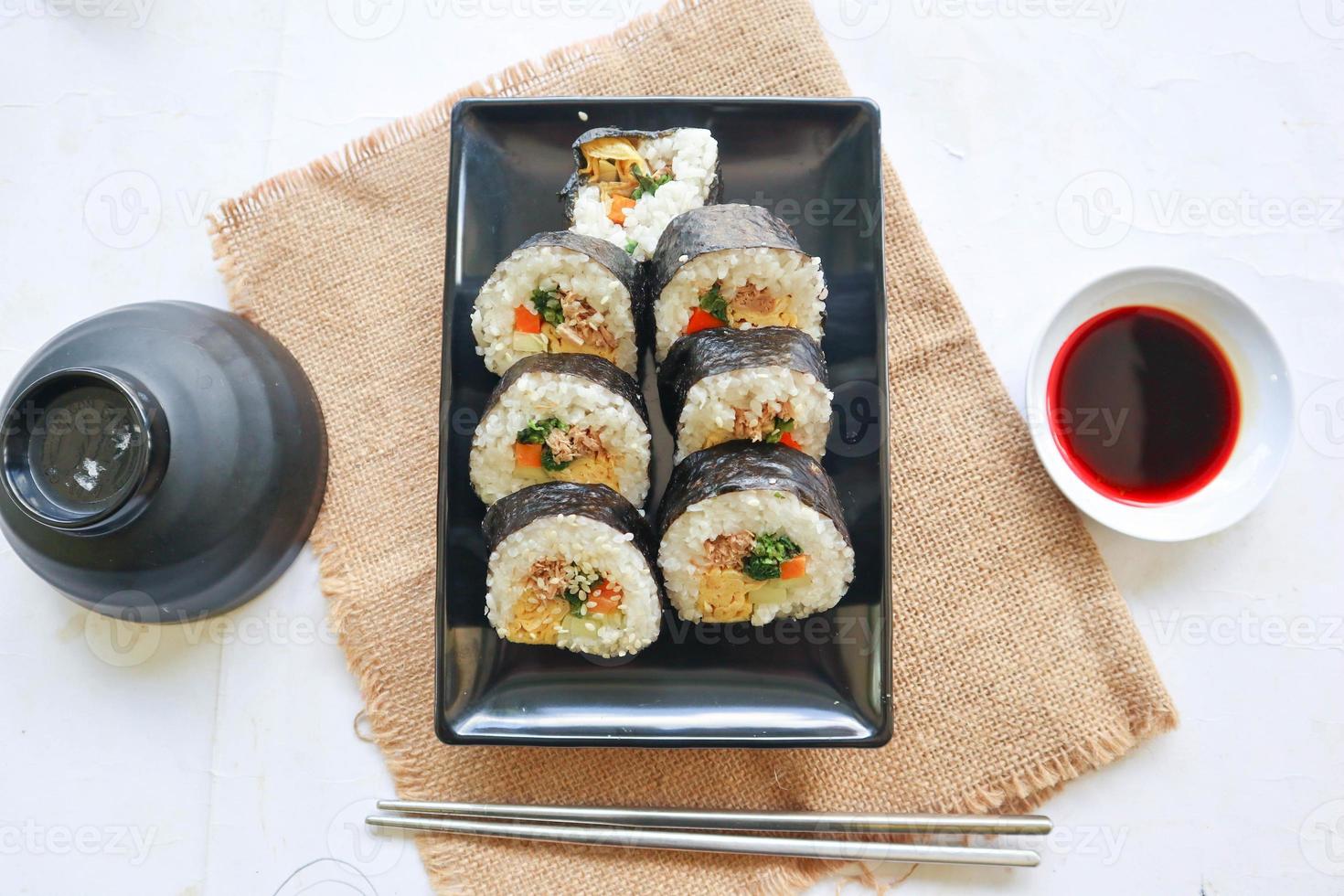 kimbap or gimbap is Korean roll Gimbap, kimbob made from steamed white rice bap and various other ingredients, this food from south korea photo