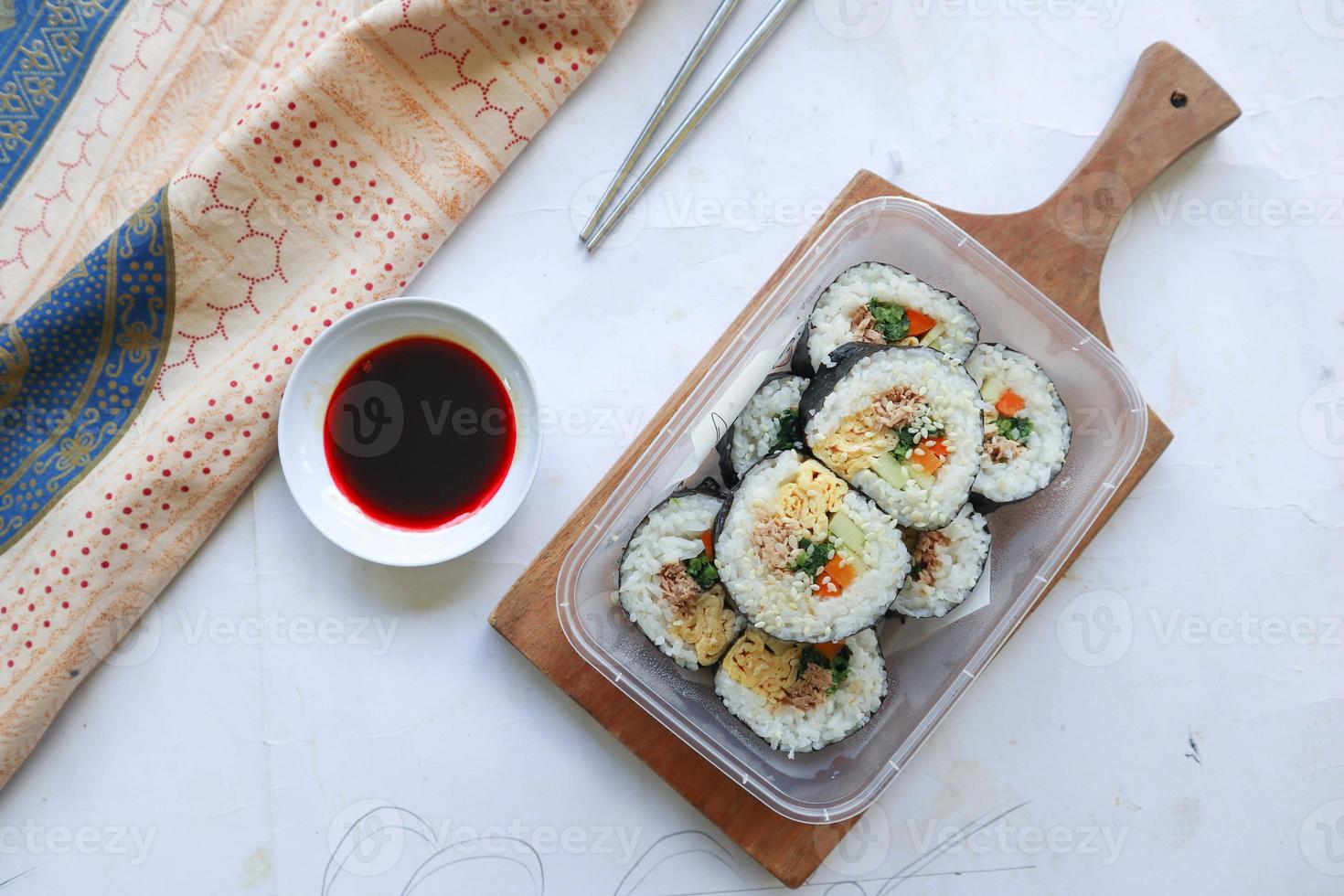 kimbap or gimbap is Korean roll Gimbap, kimbob made from steamed white rice bap and various other ingredients, this food from south korea photo