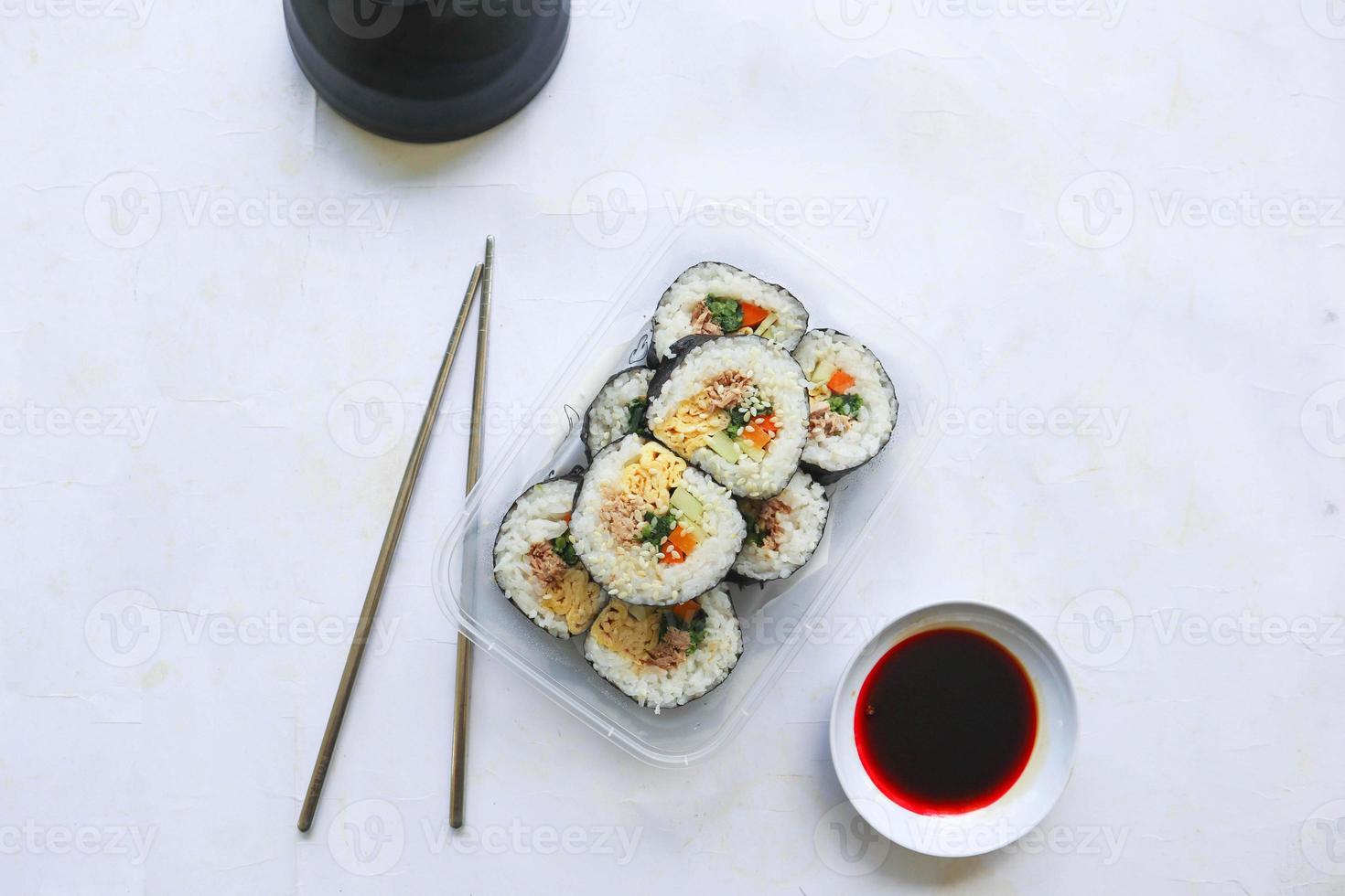 kimbap or gimbap is Korean roll Gimbap, kimbob made from steamed white rice bap and various other ingredients, this food from south korea photo