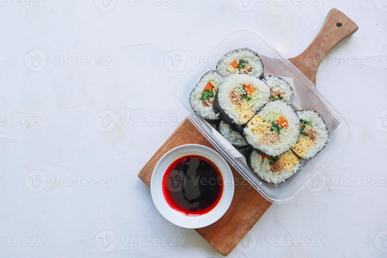 kimbap or gimbap is Korean roll Gimbap, kimbob made from steamed white rice bap and various other ingredients, this food from south korea photo