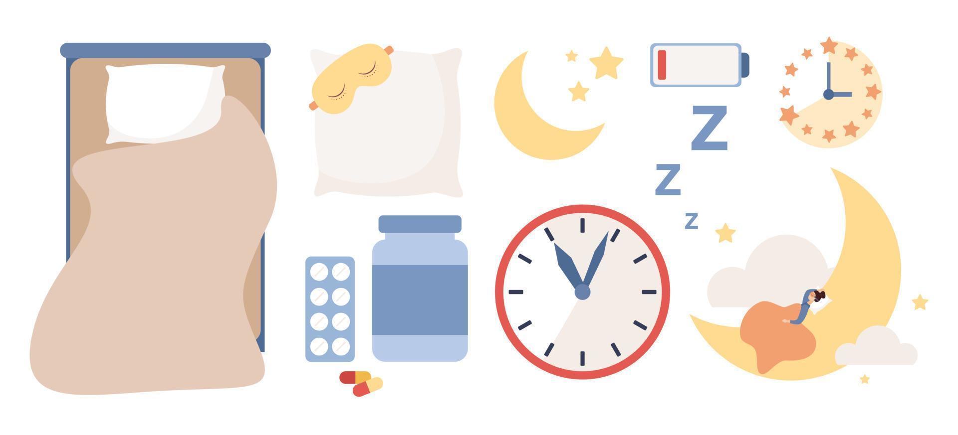 Sleep icon set. Sleep control. Sweet dreams. Sleep time. Good health, work of biological rhythms. Sleeping pills, alarm clock, pillow, sleeping mask, bed, moon, cloud, stars. Vector flat illustration