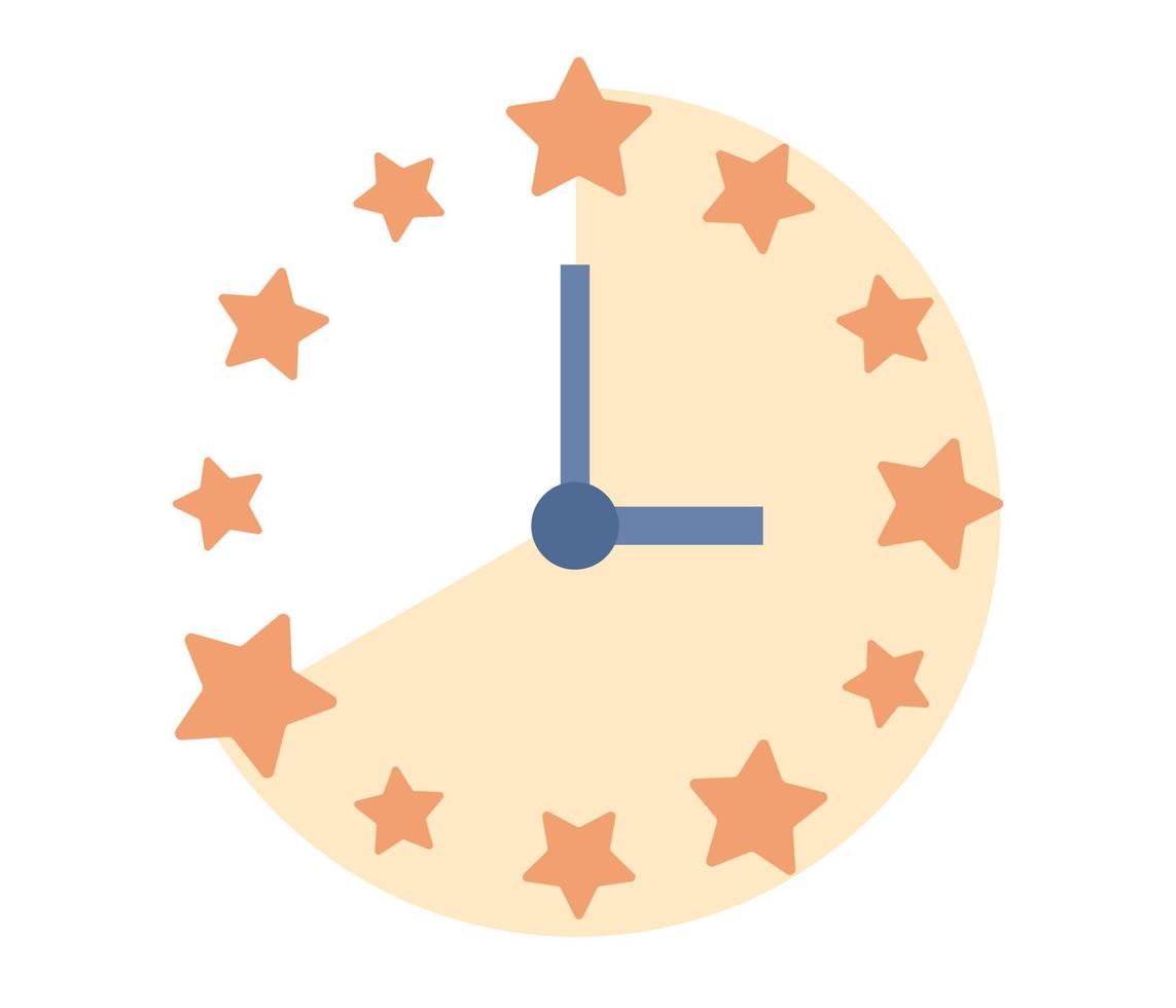 Sleep time icon. Clock with stars sign. Sleep control. Sweet dreams. Time management concept. Healthy lifestyle. Vector flat illustration