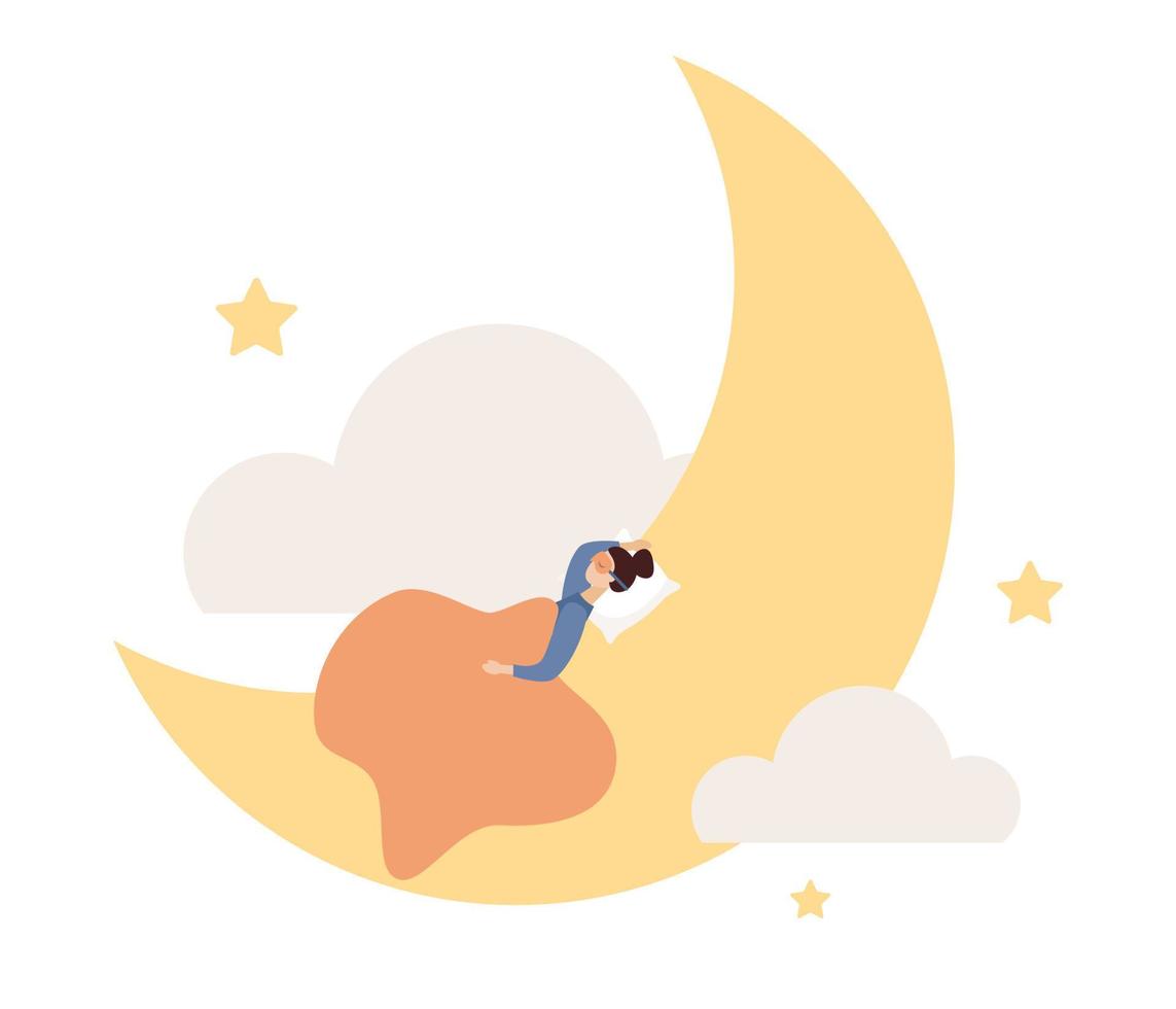 Woman in calm sleep on moon in night sky with stars and clouds. Good night. Sweet dreams. Sleeping, dreaming or relaxing concept. Vector flat illustration