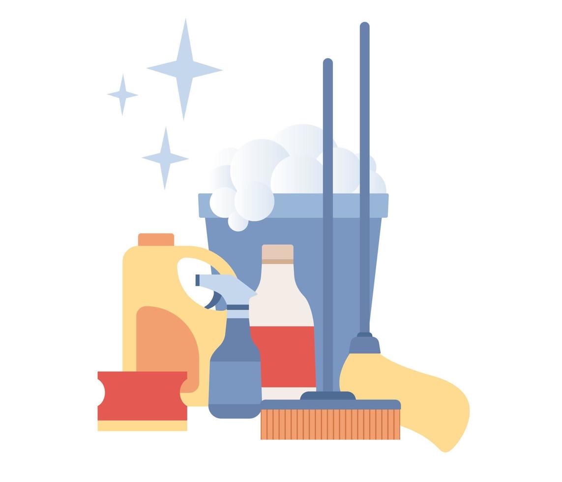 Cleaning service concept. Various cleaning tools. Professional hygiene service for house. Bucket, mop, sponge, detergent. Vector flat illustration