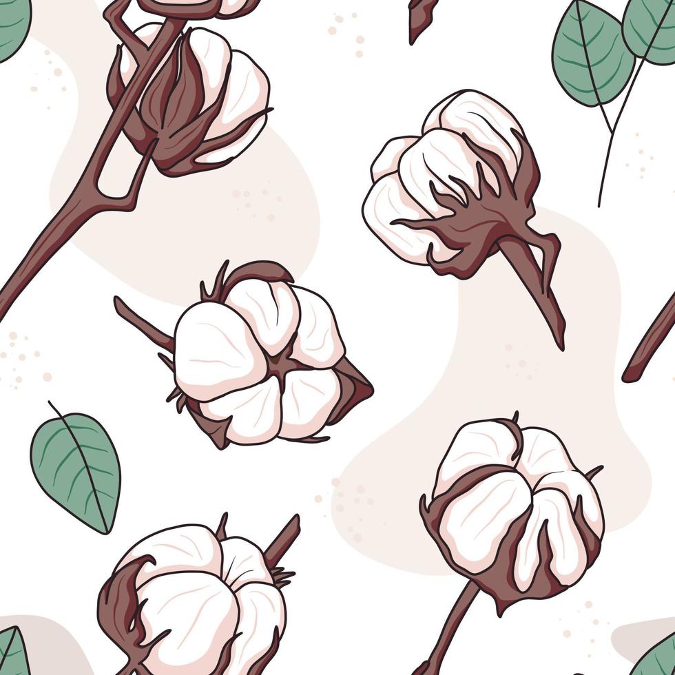 Vector seamless pattern with cotton buds. Twigs with beige pastel ball or flower, design element.