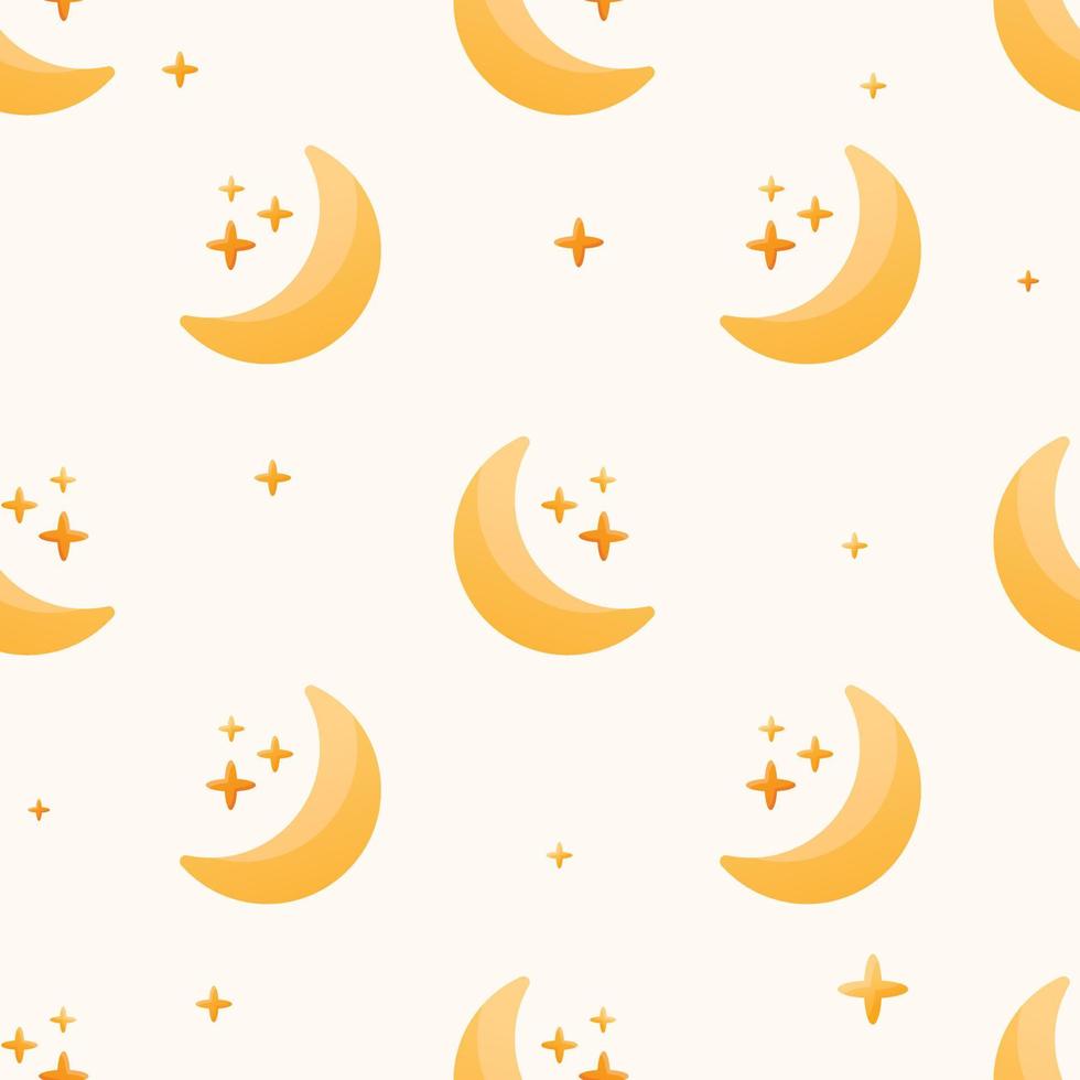 Vector seamless flat pattern. Simple crescent or moon icons with stars. Childish cute background or wallpaper of the starry sky or space.