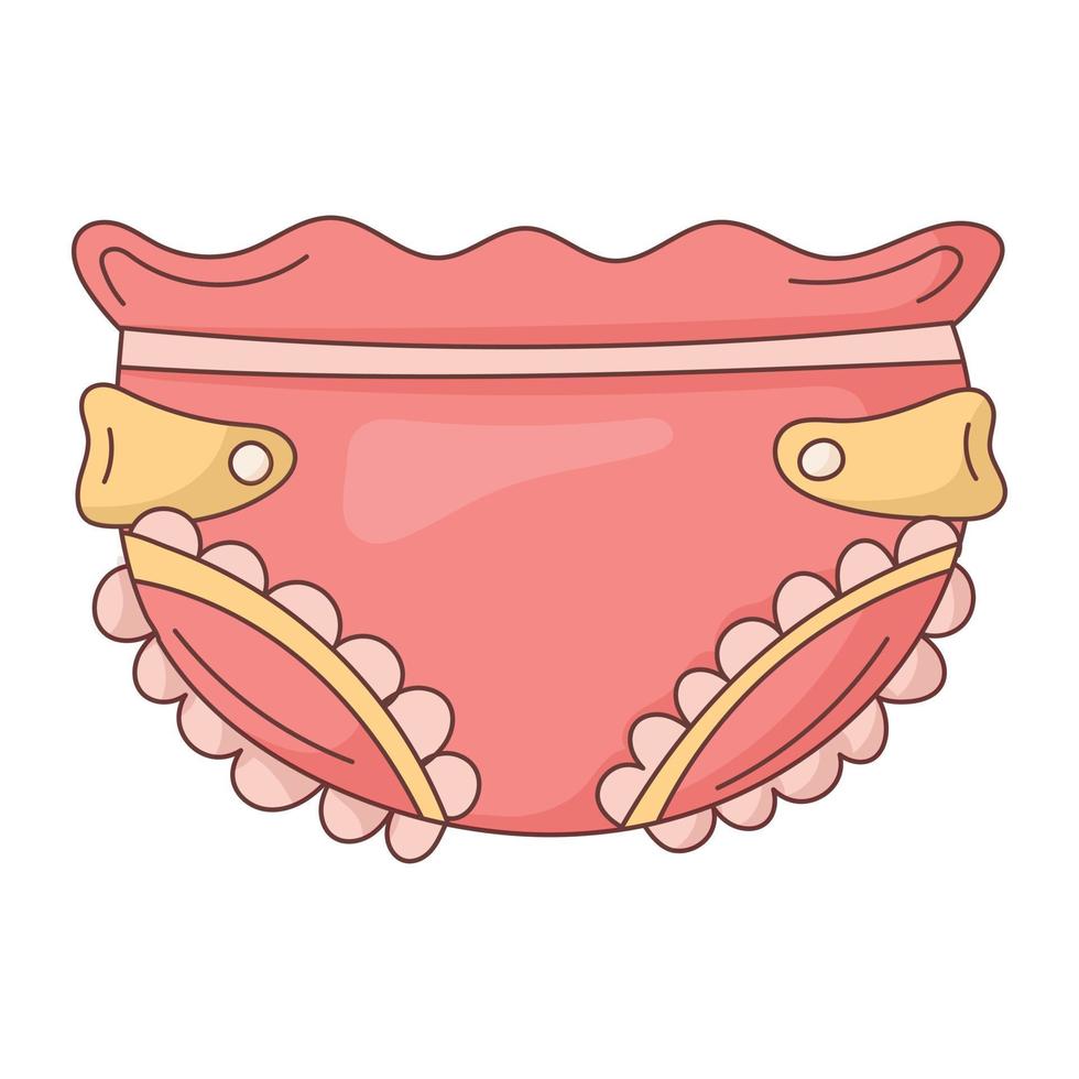 Vector isolated baby icon with stroke. Lovely pants or diaper with embellishment, ruffles and clasps. Child clothing or underwear item sticker.