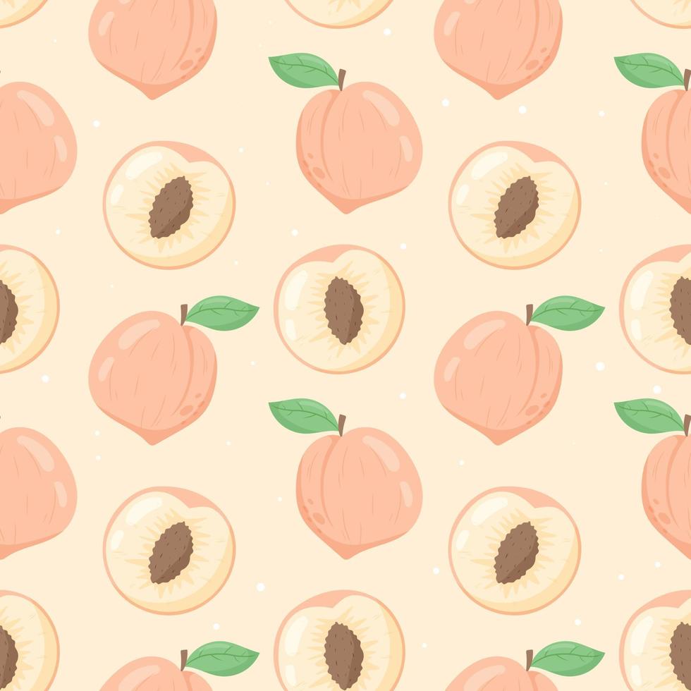Vector seamless pattern with flat ripe peach or nectarine with leaves.