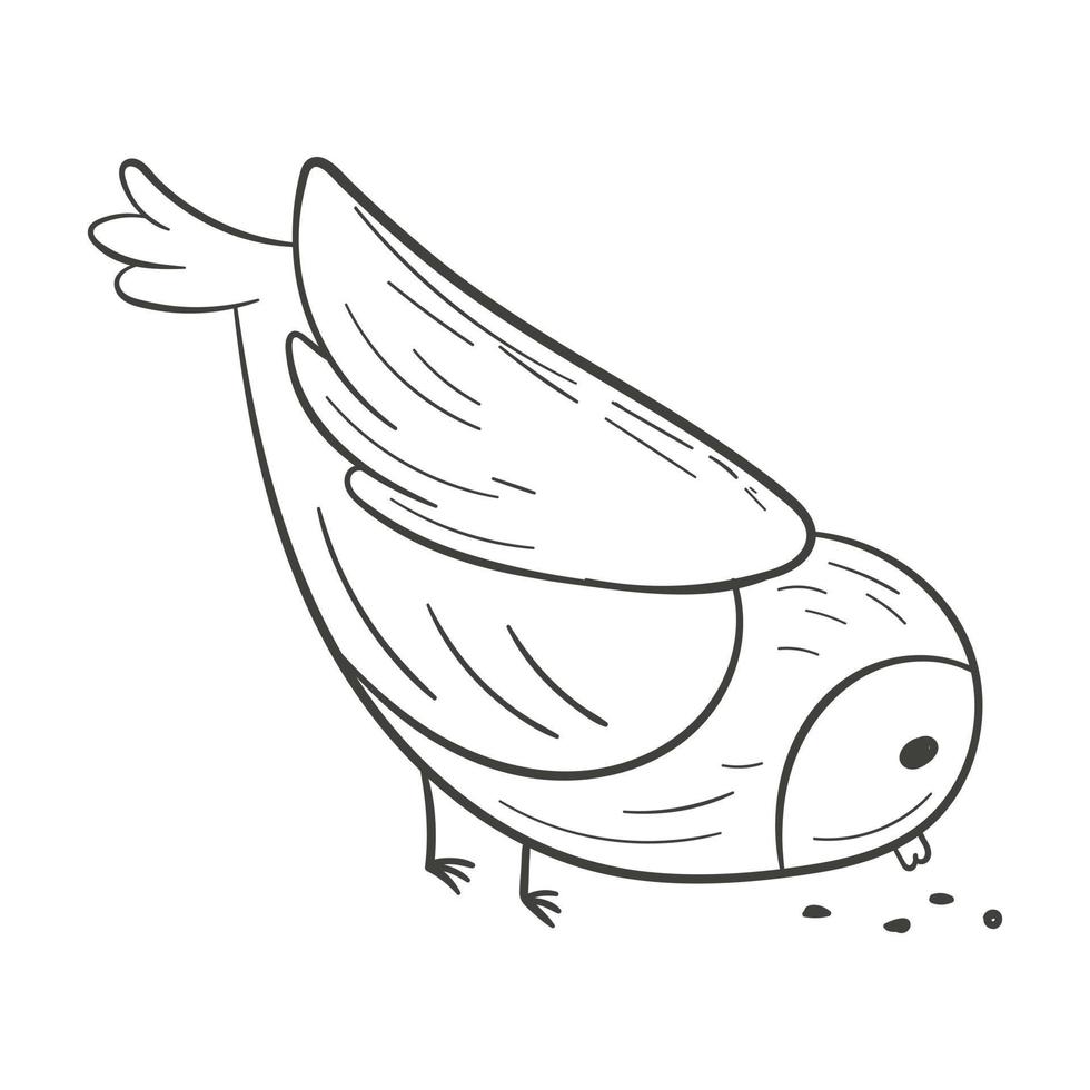 Vector doodle illustration of cartoon cute bird pecking grain isolated on white.