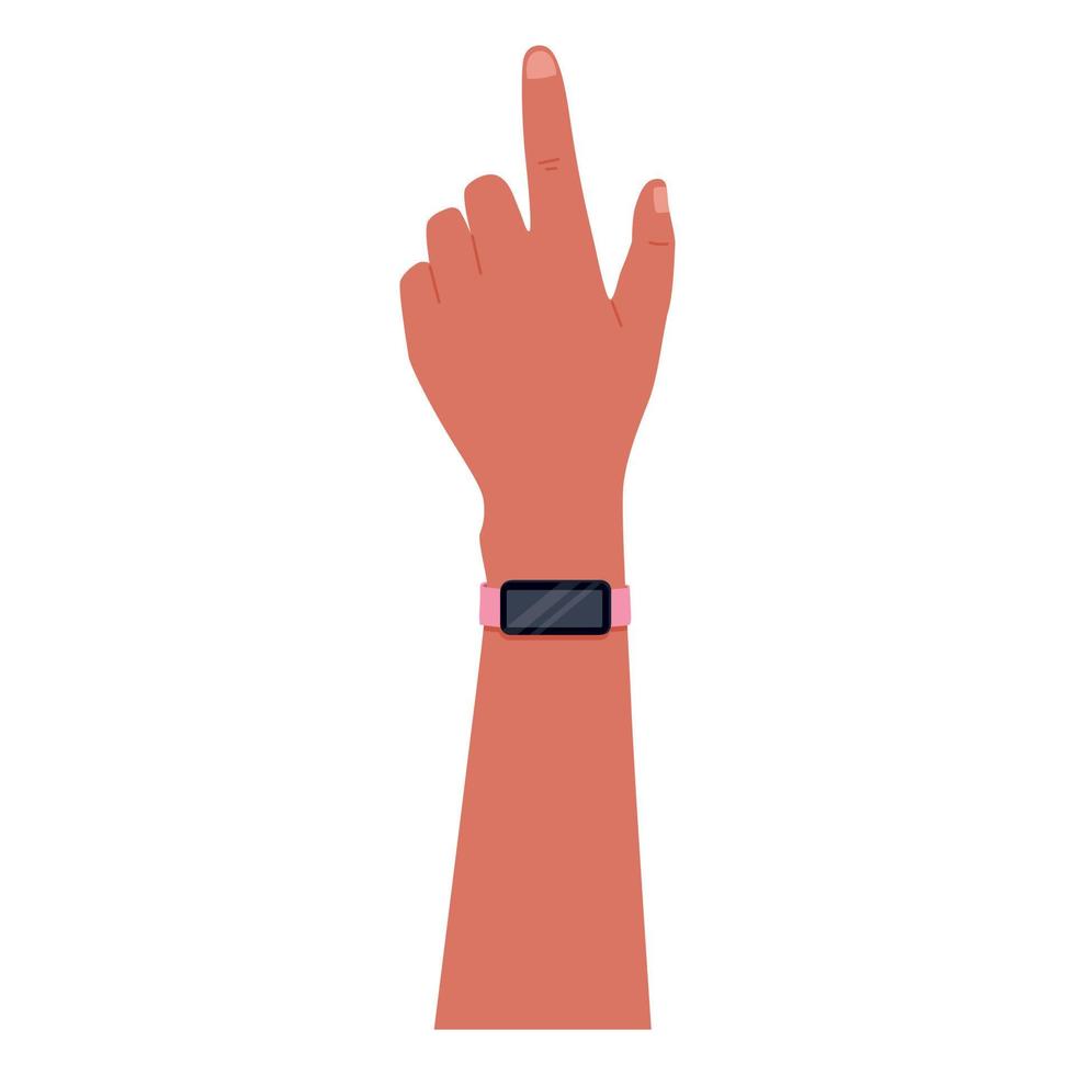 Human hand with smart watch or fitness bracelet pointing finger. Vector isolated flat illustration of an arm with a gadget.