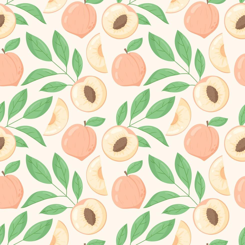 Half of fresh ripe peach or nectarine with pit, whole fruit, twigs with leaves. Vector seamless cartoon pattern.