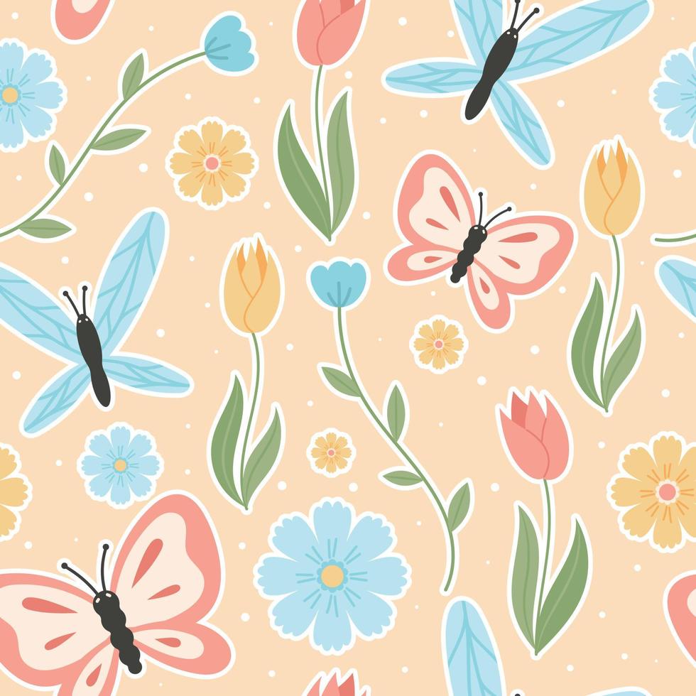 Vector seamless pattern with spring tulips, flowers and butterflies.