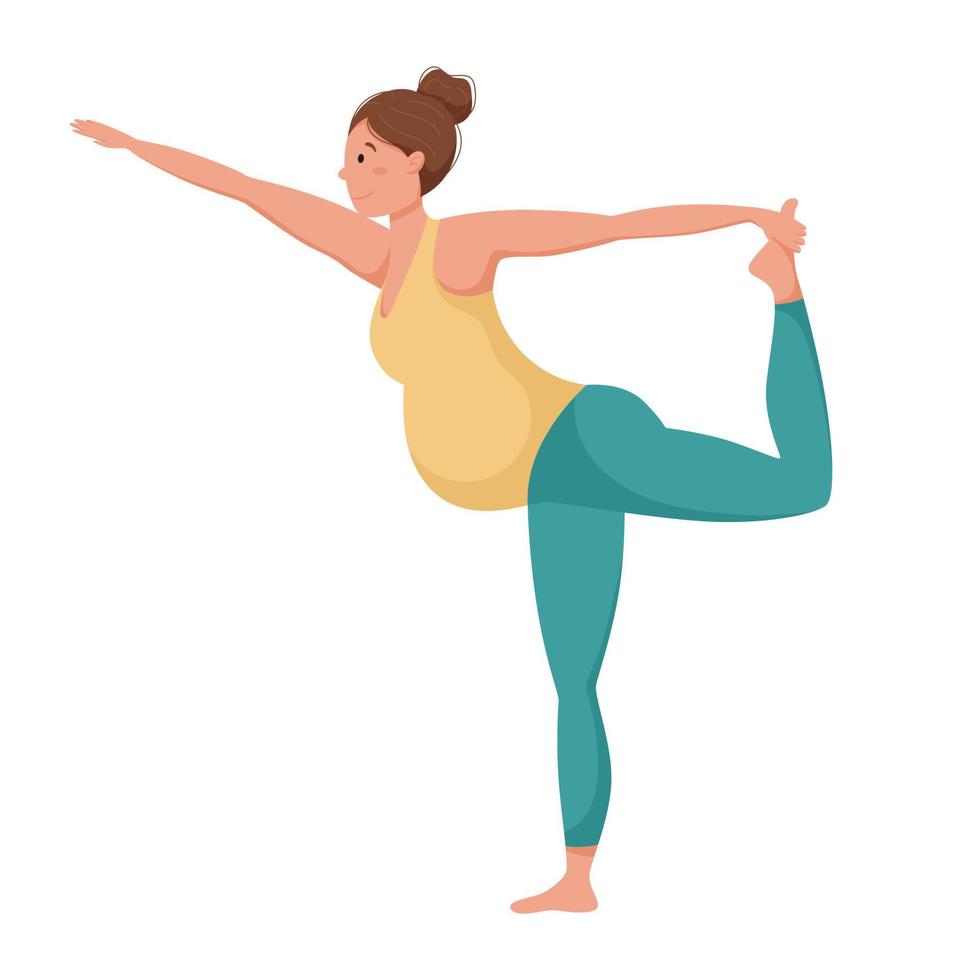 Vector illustration, pregnant woman doing yoga or gymnastics, dandayamana dhanurasana pose, isolated on white