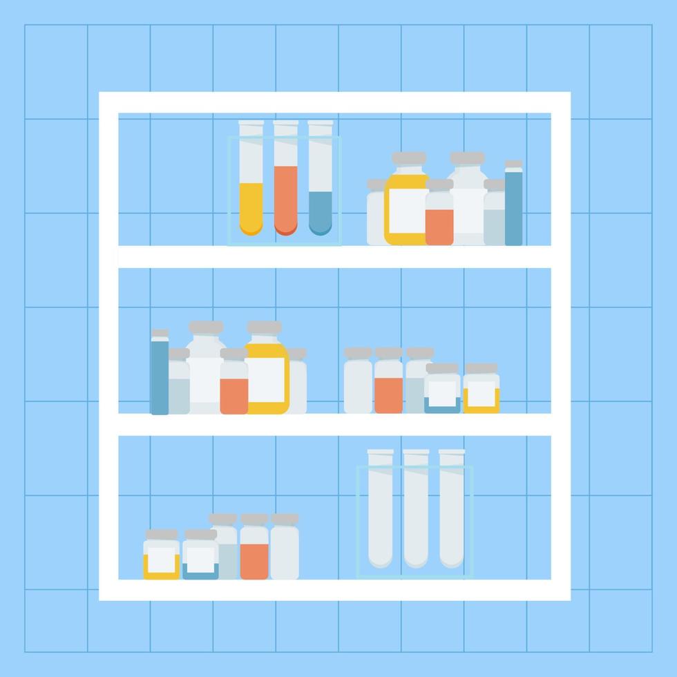 Shelves with different medical bottles vector