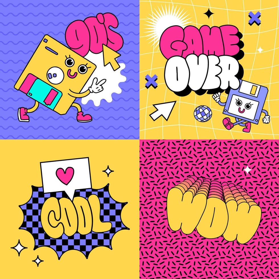 Y2K cards set with geometric elements and retro floppy disk characters. Collection of square banners in trendy 80s-90s memphis style for cover design, advertising, posters, cards. Vector