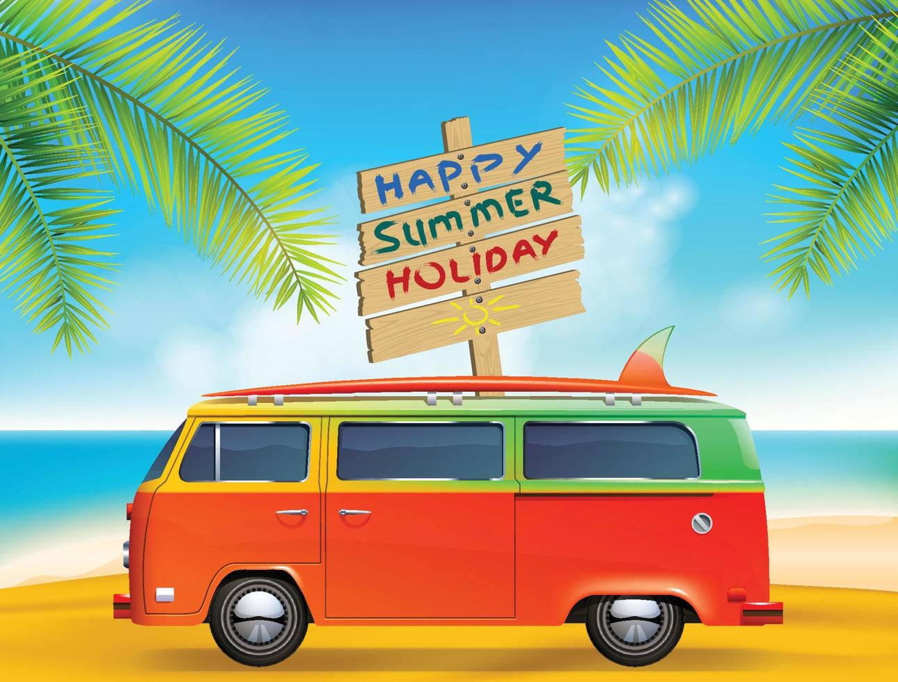 A van with a sign that says happy summer holiday on it vector