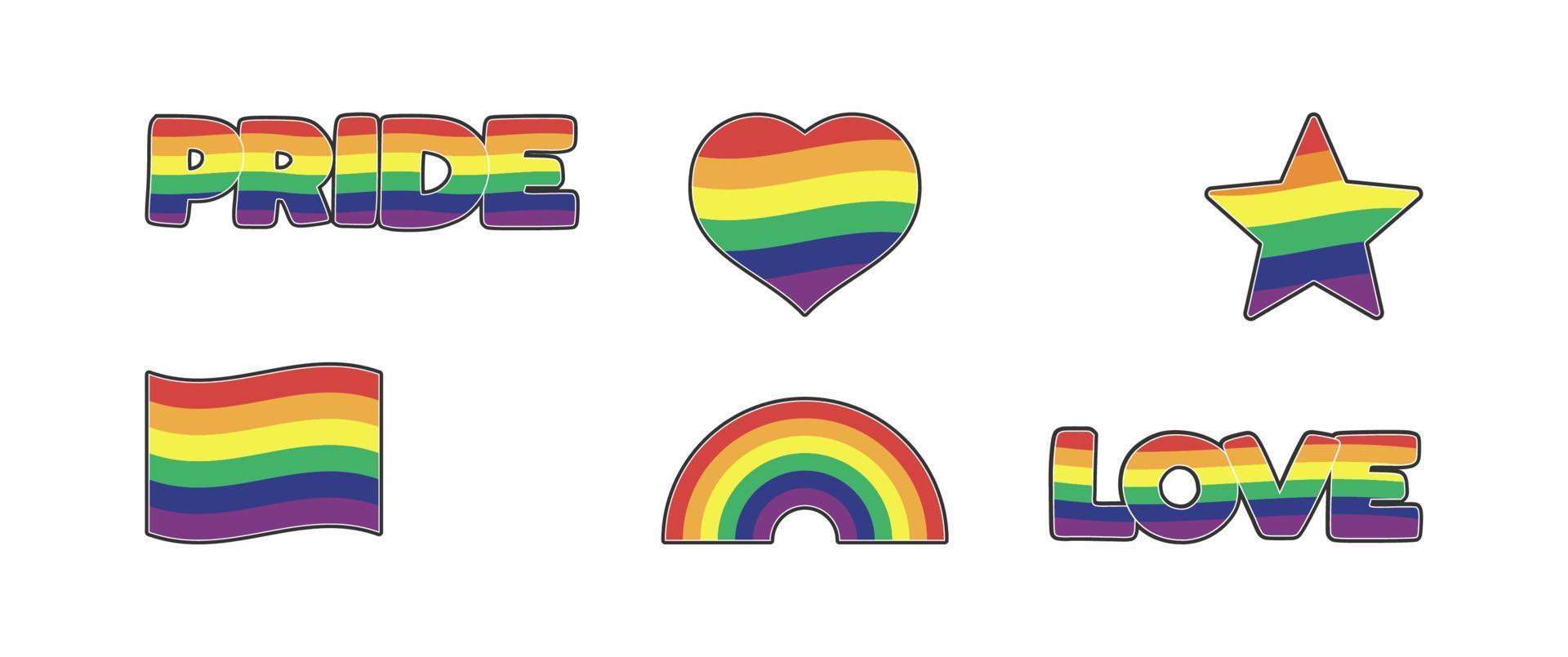 Set of LGBTQ community stickers with flag, star and heart shapes with rainbow colors. Pride month symbols and slogan. Gay parade icons. vector