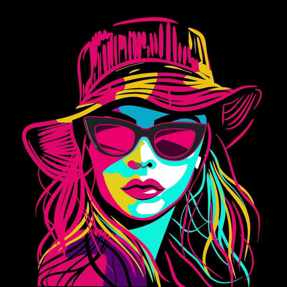 Fashion girl with hat and sunglasses in pop art technique vector