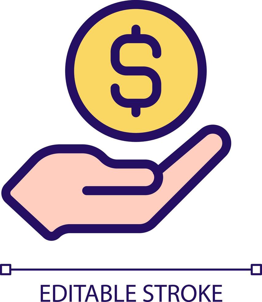 Coin in hand pixel perfect RGB color icon. Giving money. Financial contribution. Lending cash. Isolated vector illustration. Simple filled line drawing. Editable stroke