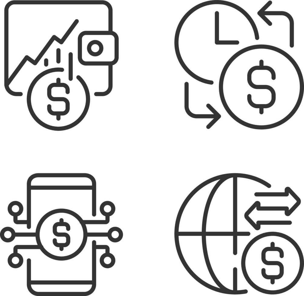 Daily cash flow pixel perfect linear icons set. Hourly earnings. Stock trading. International money transfer. Customizable thin line symbols. Isolated vector outline illustrations. Editable stroke
