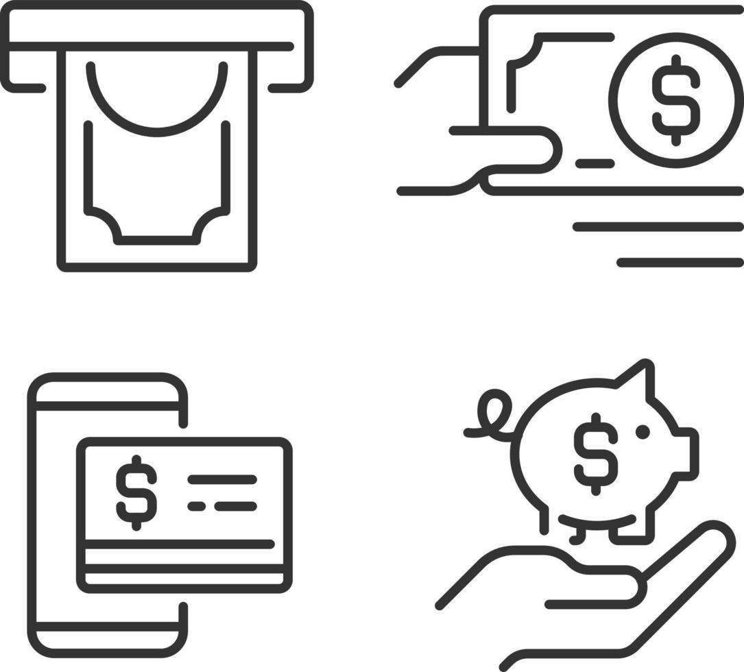 Managing business finances pixel perfect linear icons set. Money withdrawal. Payment in cash. Contactless pay. Customizable thin line symbols. Isolated vector outline illustrations. Editable stroke