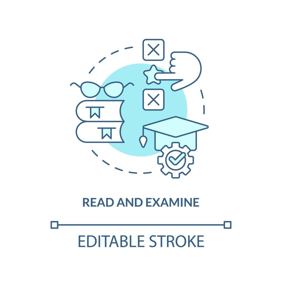 Read and examine turquoise concept icon. Analyzing facts. Structure of case study abstract idea thin line illustration. Isolated outline drawing. Editable stroke vector