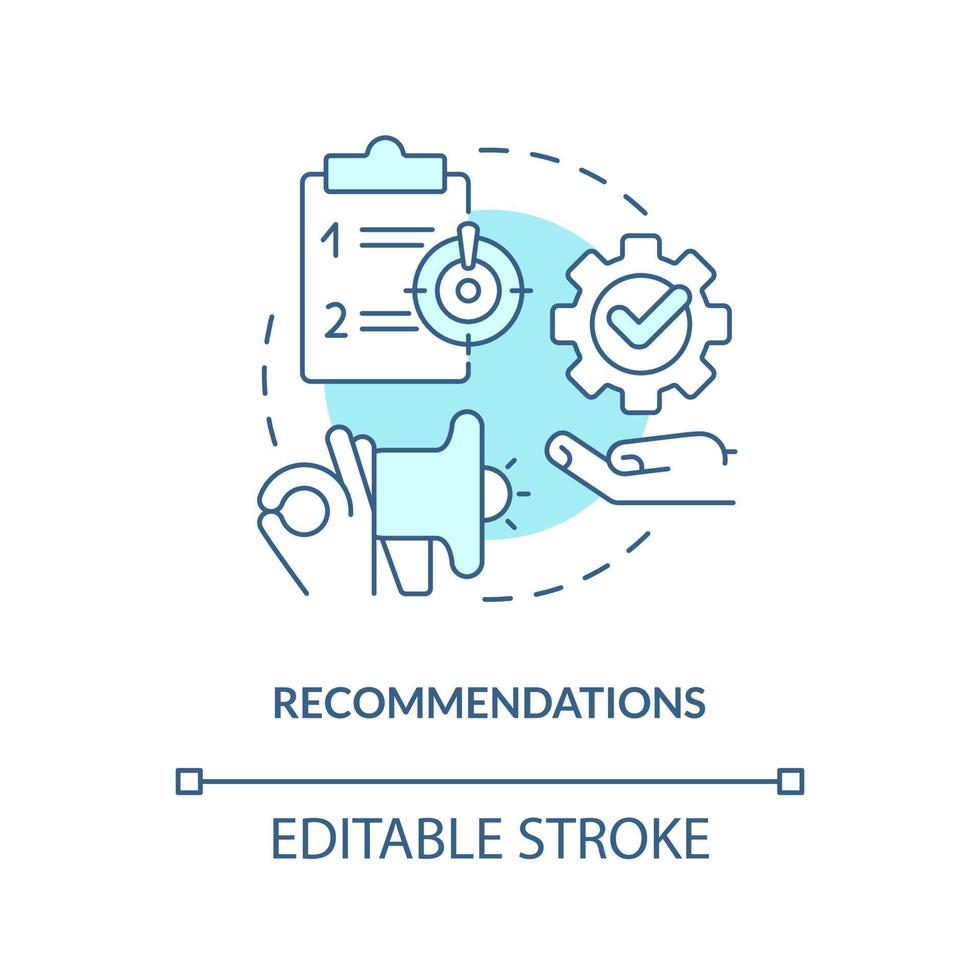 Recommendations turquoise concept icon. Learn possible solutions. Case drafting abstract idea thin line illustration. Isolated outline drawing. Editable stroke vector