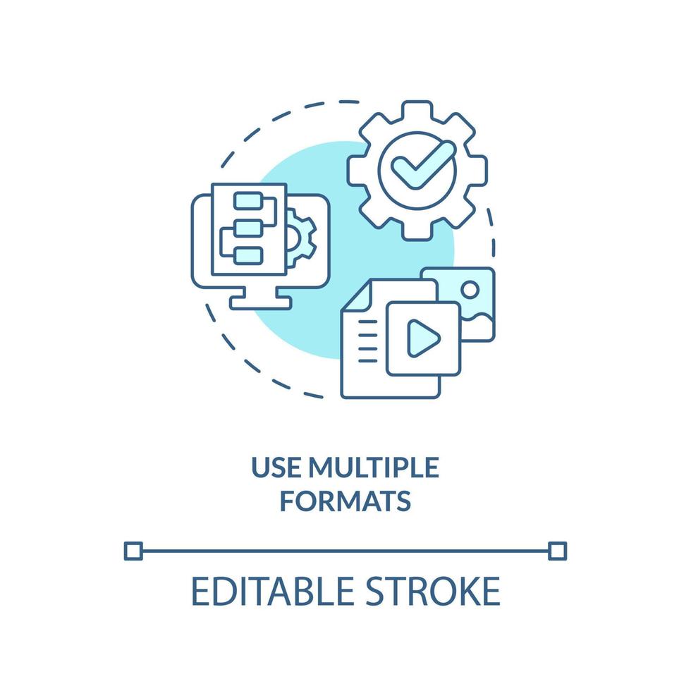 Use multiple formats turquoise concept icon. Content making. Element of case study abstract idea thin line illustration. Isolated outline drawing. Editable stroke vector