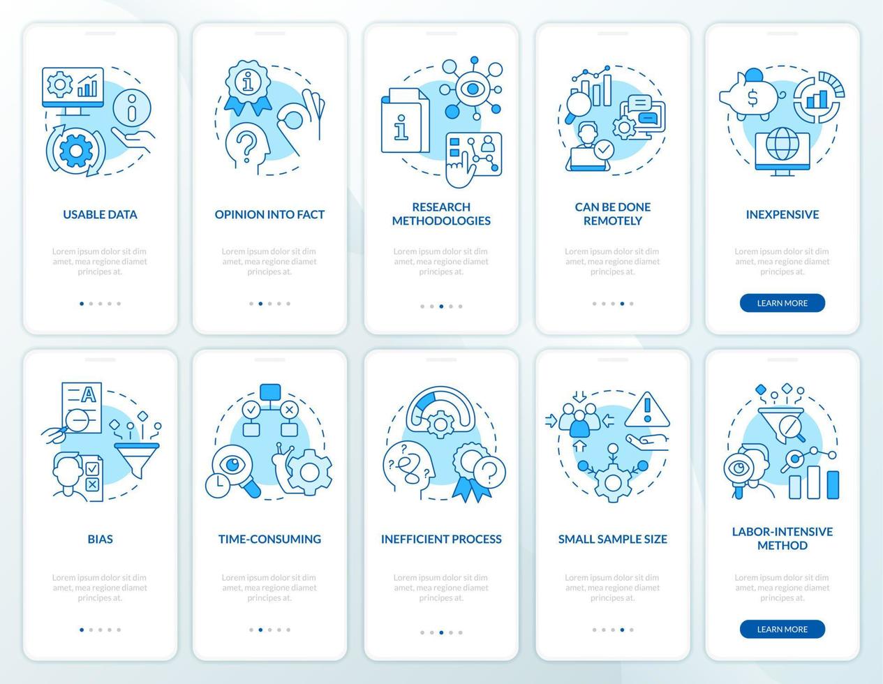 Pros and cons of case study blue onboarding mobile app screen set. Walkthrough 5 steps editable graphic instructions with linear concepts. UI, UX, GUI template vector