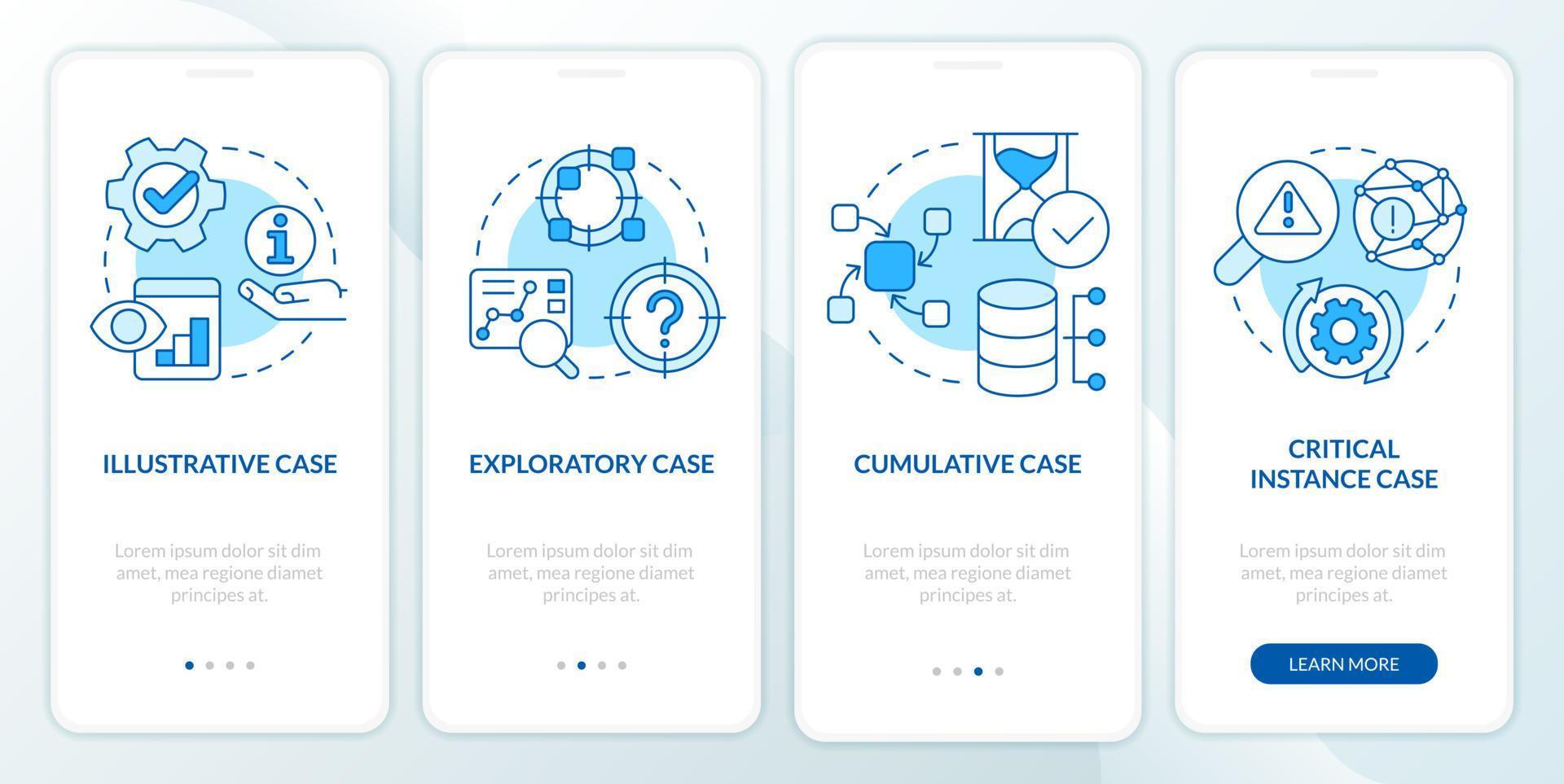 Types of case study blue onboarding mobile app screen. Methods walkthrough 4 steps editable graphic instructions with linear concepts. UI, UX, GUI template vector