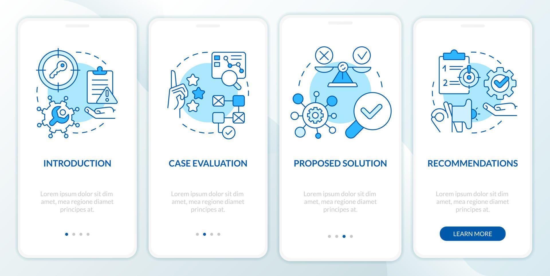 Case drafting blue onboarding mobile app screen. Studying plan walkthrough 4 steps editable graphic instructions with linear concepts. UI, UX, GUI template vector