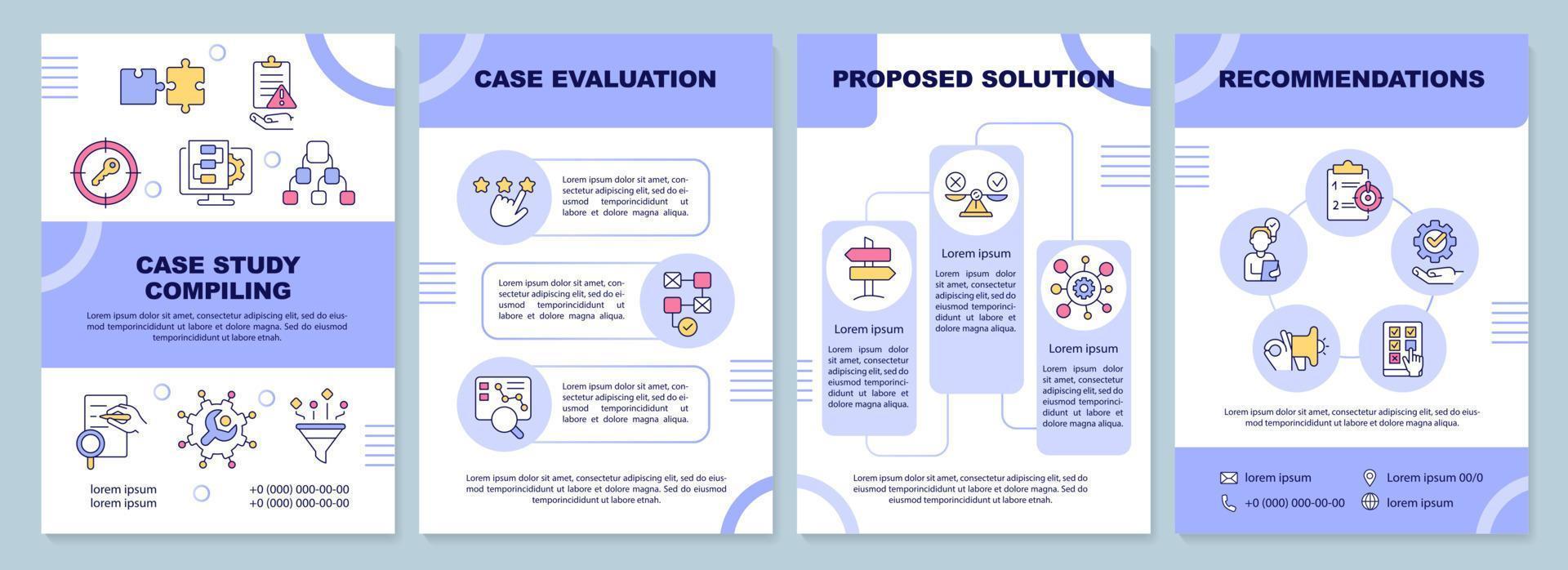 Case study compiling purple brochure template. Analytics. Leaflet design with linear icons. Editable 4 vector layouts for presentation, annual reports
