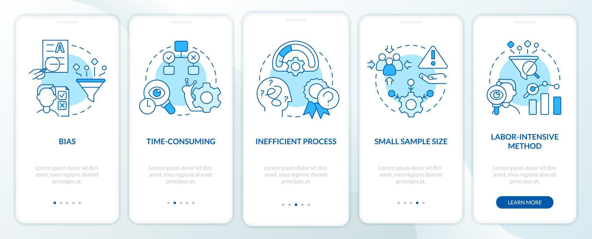 Disadvantages of case study blue onboarding mobile app screen. Issues walkthrough 5 steps editable graphic instructions with linear concepts. UI, UX, GUI template vector