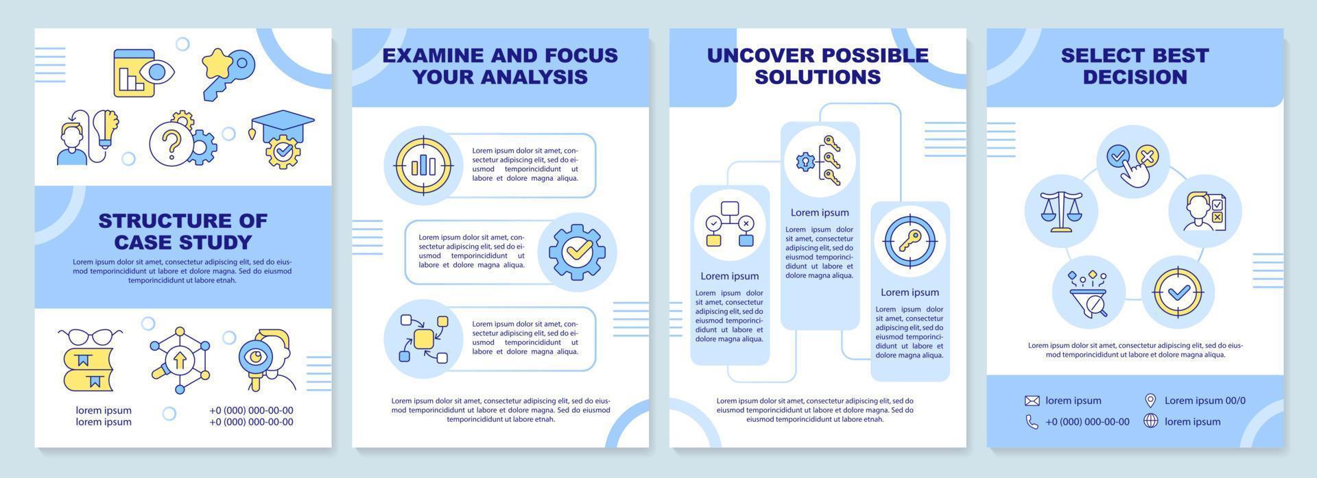 Structure of case study blue brochure template. Research. Leaflet design with linear icons. Editable 4 vector layouts for presentation, annual reports