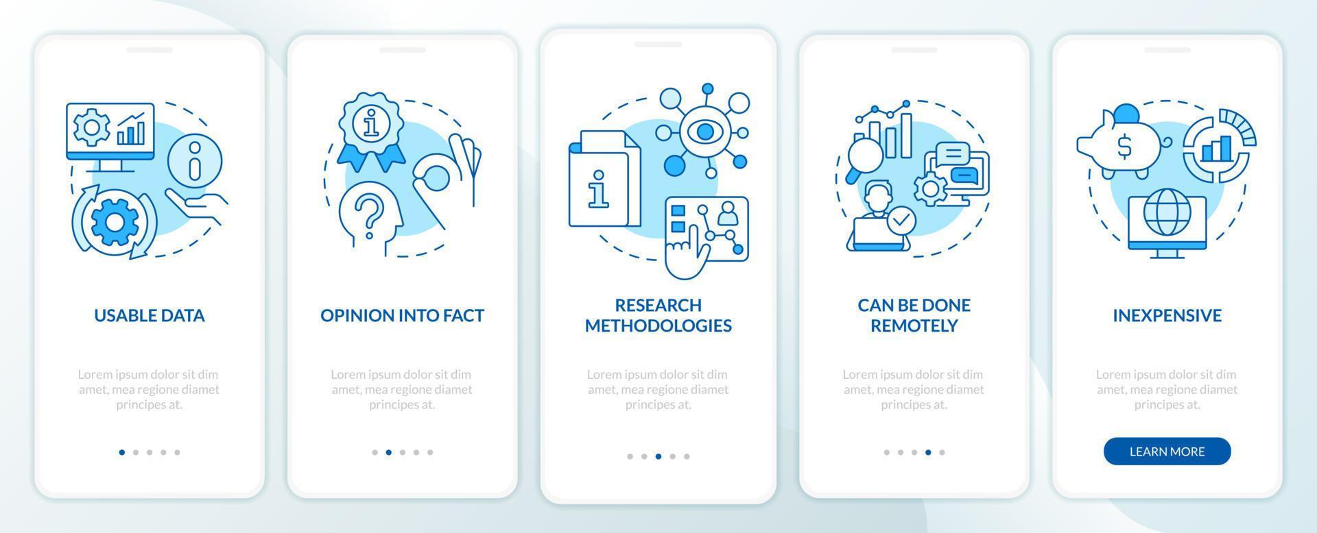 Advantages of case study blue onboarding mobile app screen. Benefits walkthrough 5 steps editable graphic instructions with linear concepts. UI, UX, GUI template vector