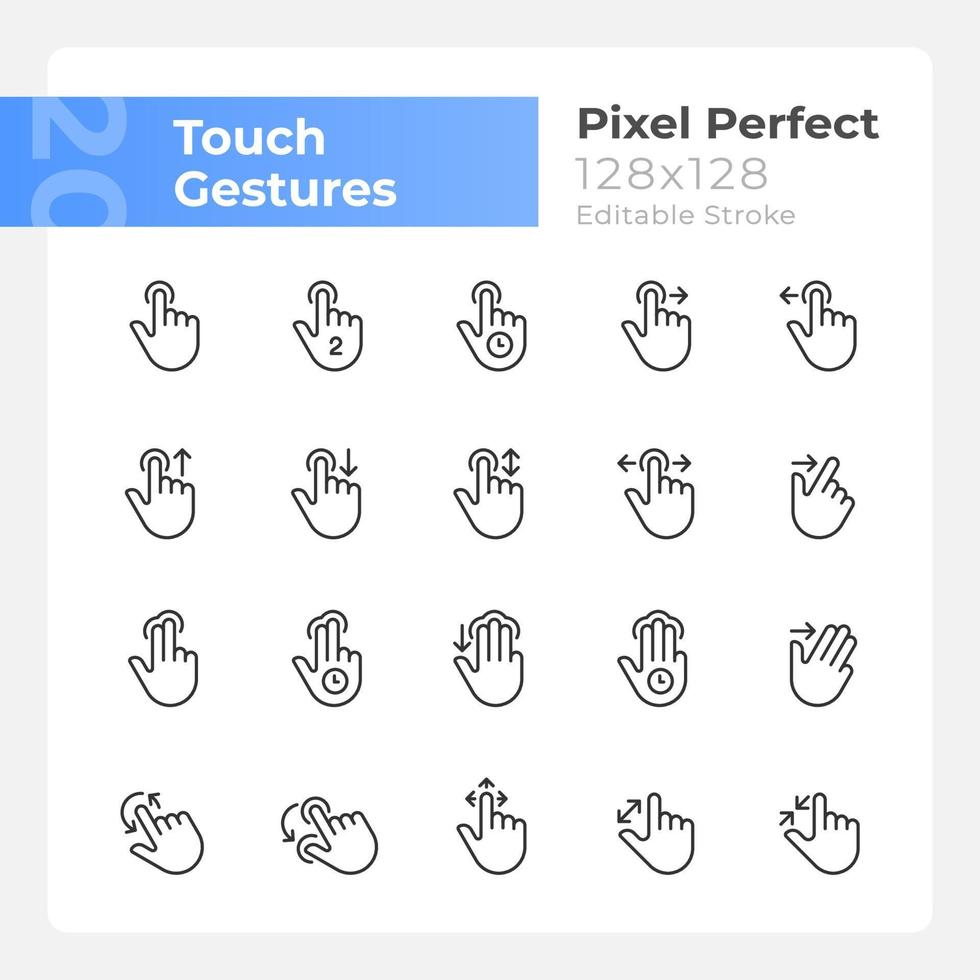 Touch gestures pixel perfect linear icons set. Touchscreen control. Customizable thin line symbols. Isolated vector outline illustrations. Editable stroke