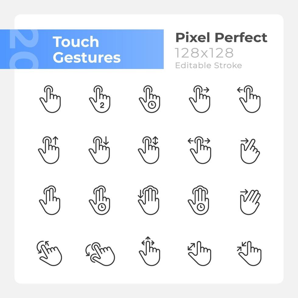 toque gestos píxel Perfecto lineal íconos colocar. pantalla táctil control. personalizable Delgado línea simbolos aislado vector contorno ilustraciones. editable carrera