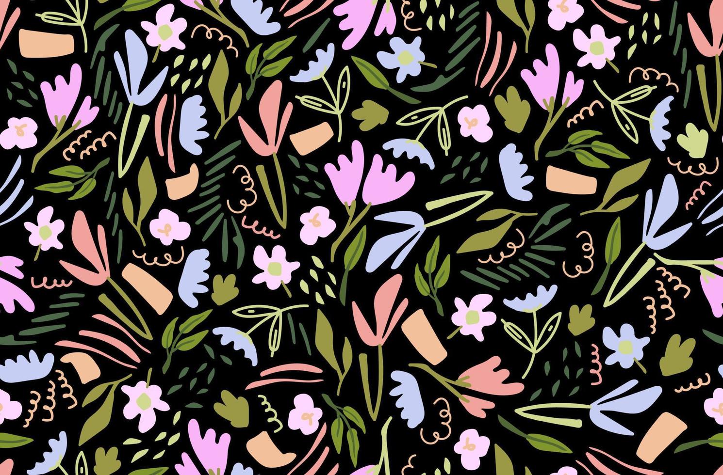 Boho doodle card with seamless pattern doodle flowers. Seamless floral backdrop. Vector background,