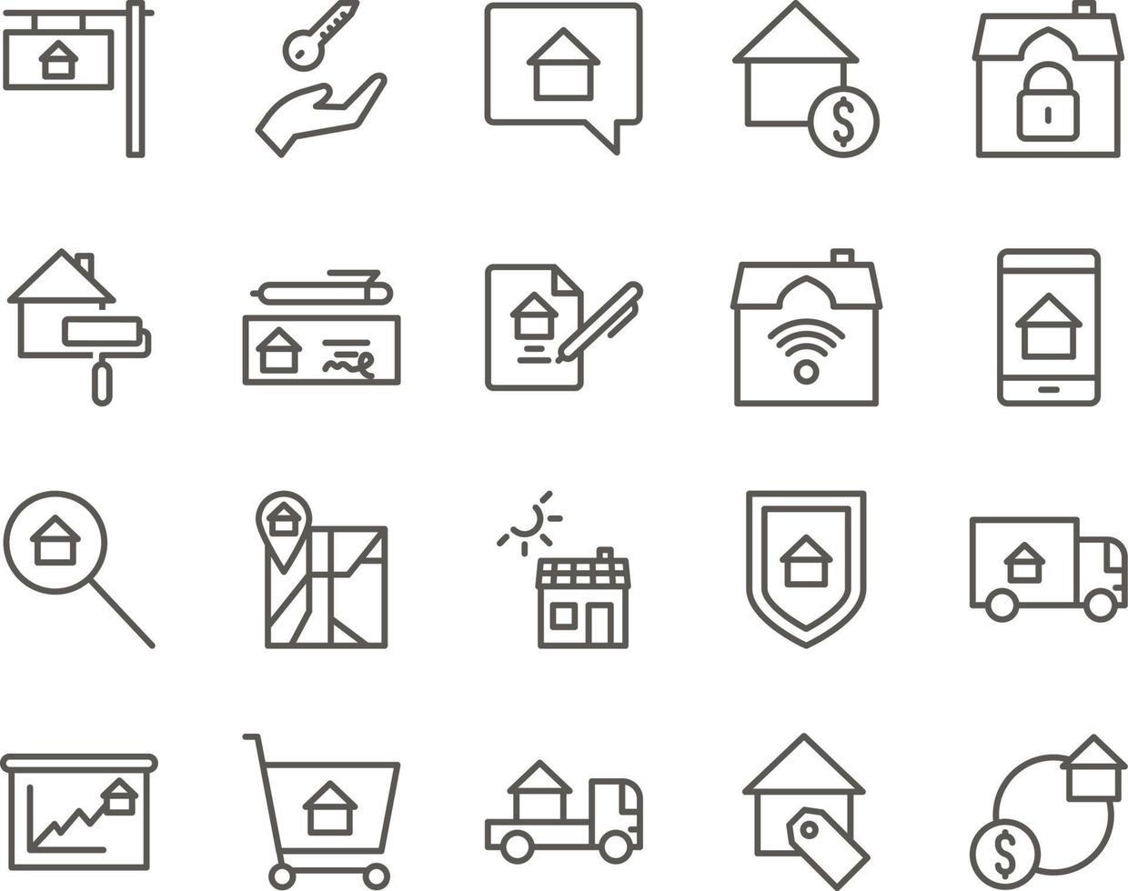 house, exchange, house, money set vector icons. Real estate icon set. Simple Set of Real Estate Related Vector Line Icons. Contains such Icons as Map, Plan, Bedrooms on white background