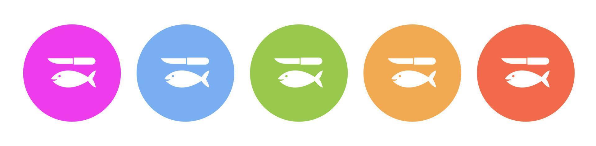 Multi colored flat icons on round backgrounds. Fish and a knife multicolor circle vector icon on white background