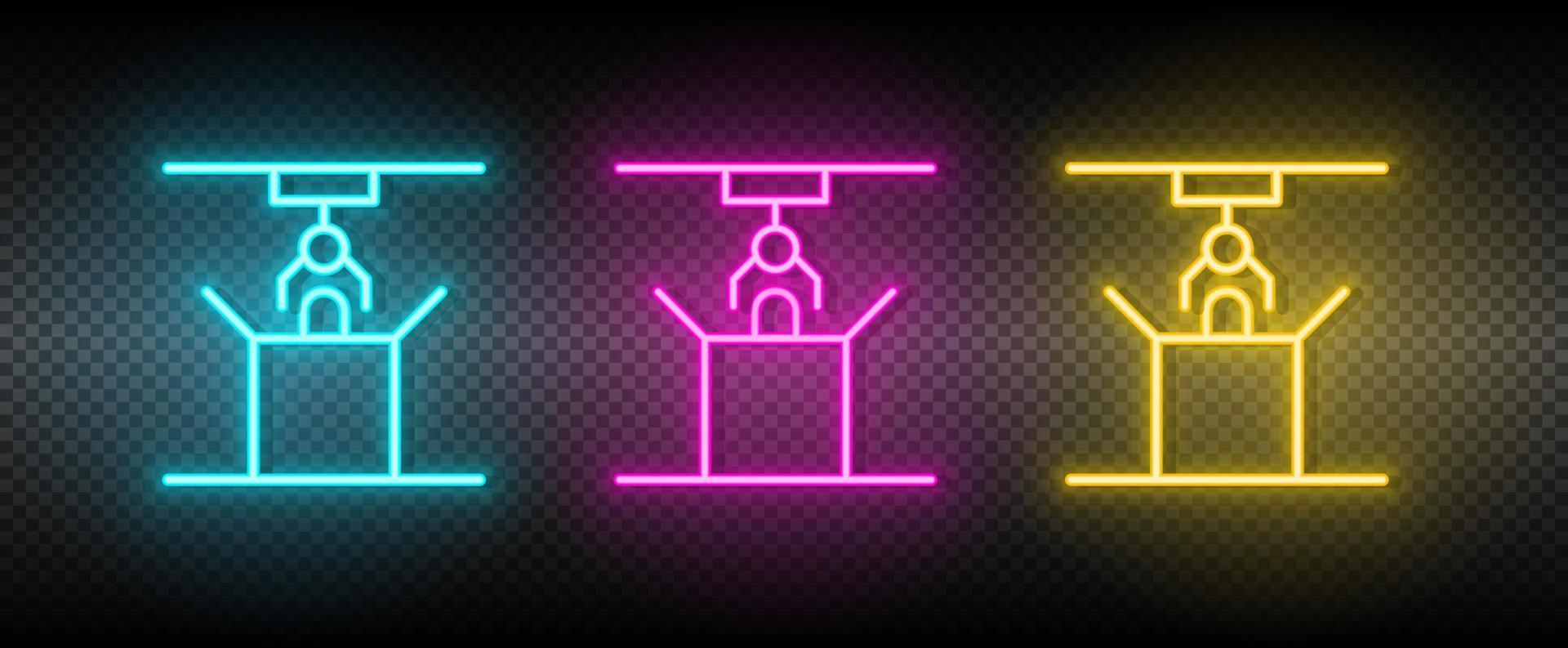 industrial arm, loading robot neon icon set. Technology vector illustration neon blue, yellow, red icon set