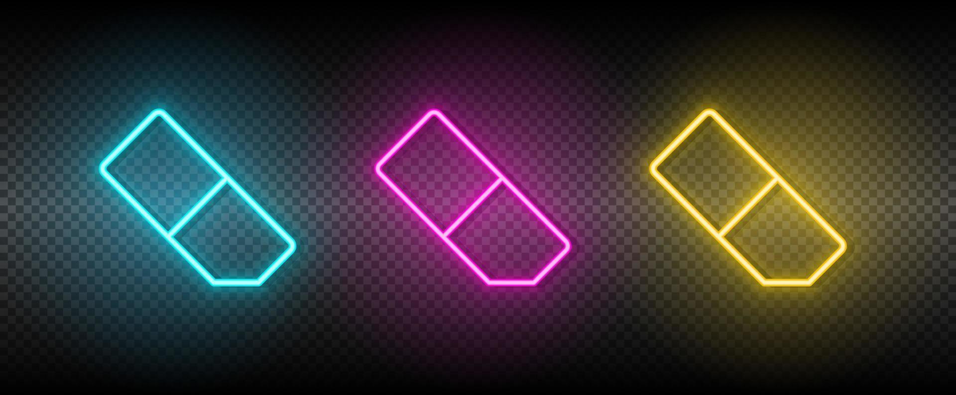 eraser vector icon yellow, pink, blue neon set. Tools vector icon on dark transparency background
