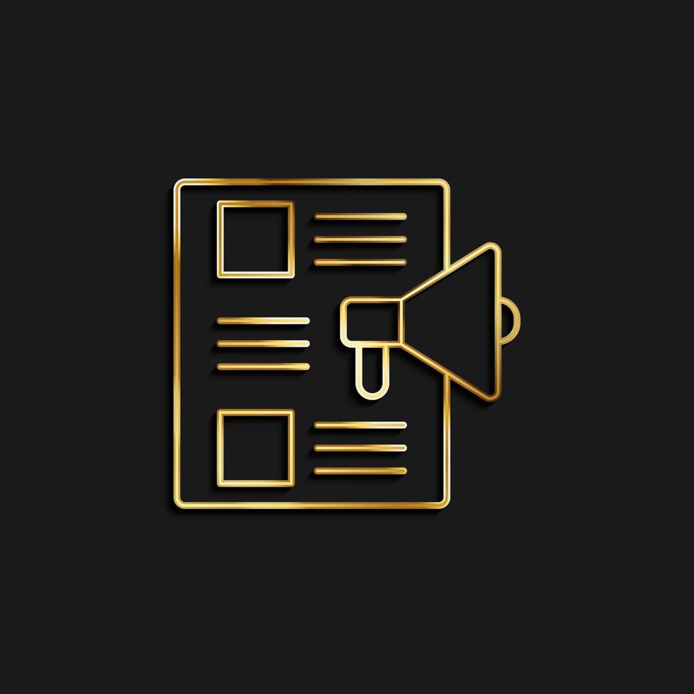 Blogs, content, marketing gold icon. Vector illustration of golden icon on dark background