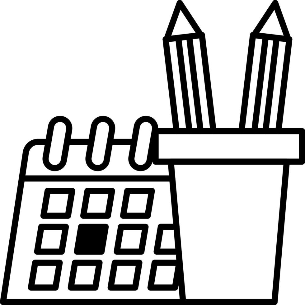 One continuous line drawing of pencil case, alarm clocks and calendar on office desk. Stationery for study and tidy on the table. Happy study. Smart education concept vector illustration.