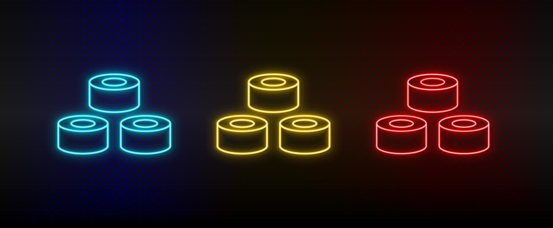 Neon icon set sushi, fish. Set of red, blue, yellow neon vector icon on dark background