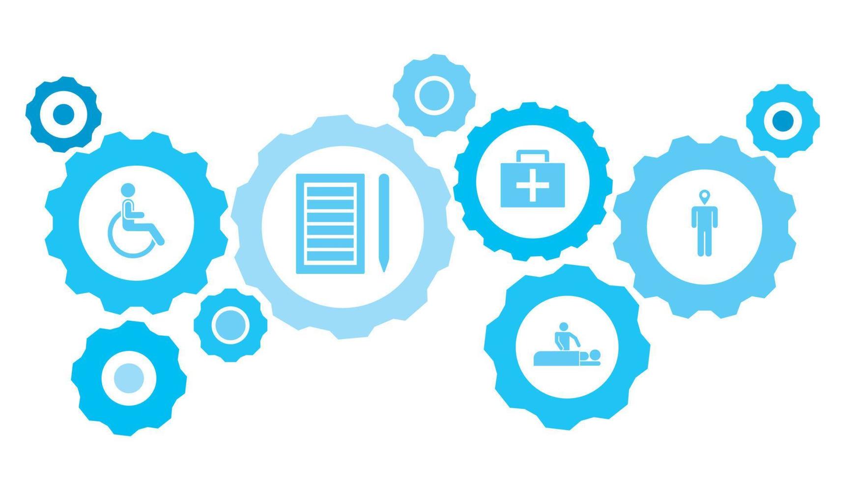 Man, location gear blue icon set. Abstract background with connected gears and icons for logistic, service, shipping, distribution, transport, market, communicate concepts vector