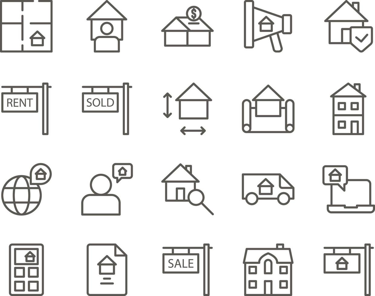 house, property, home set vector icons. Real estate icon set. Simple Set of Real Estate Related Vector Line Icons. Contains such Icons as Map, Plan, Bedrooms on white background