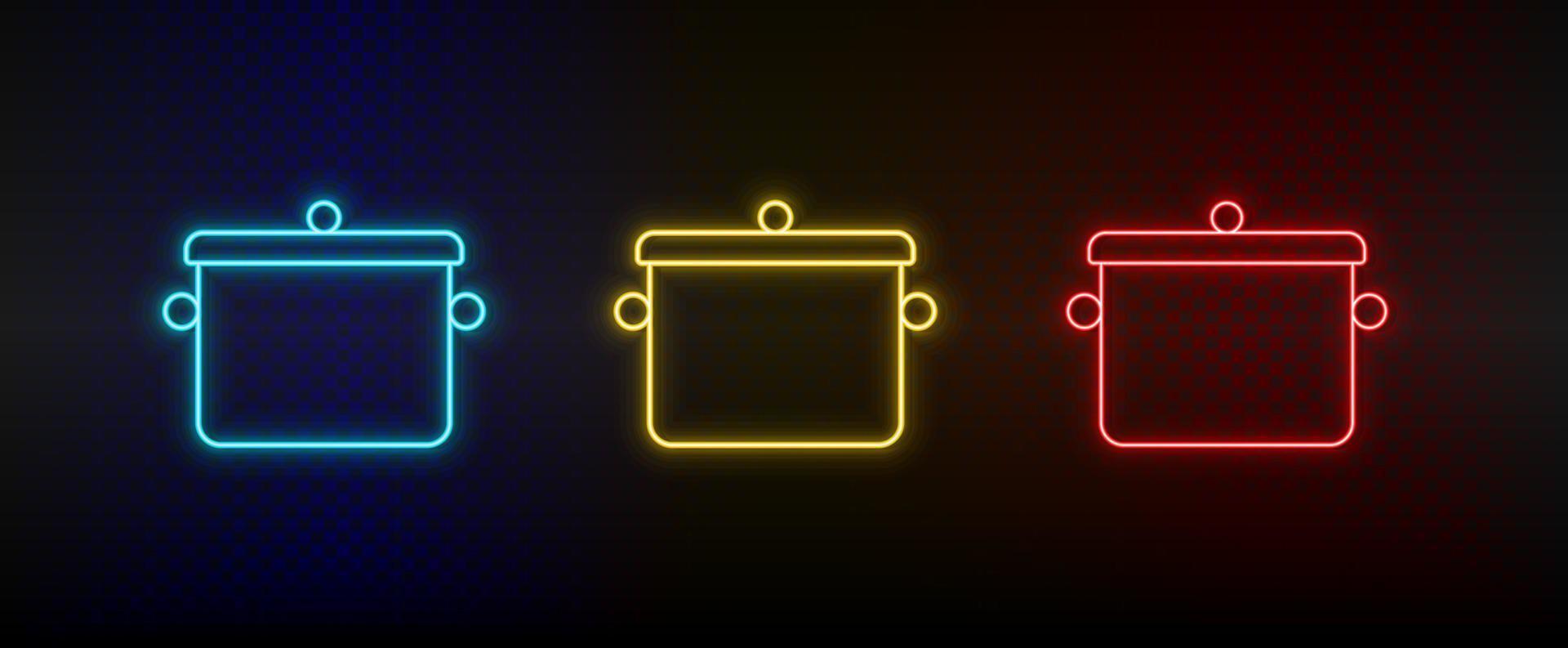 Neon icon set cooking pan. Set of red, blue, yellow neon vector icon on dark background