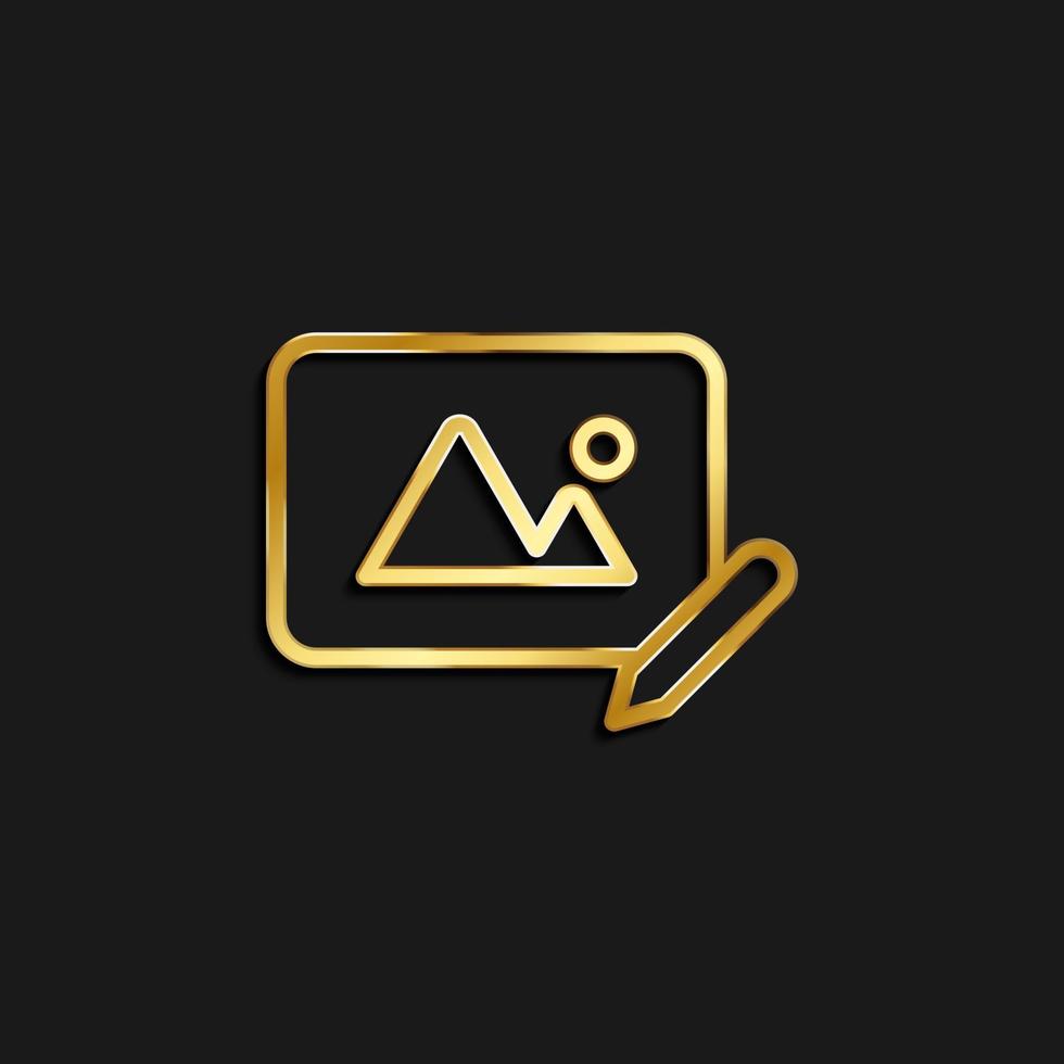 edit, photo gold icon. Vector illustration of golden icon on dark background